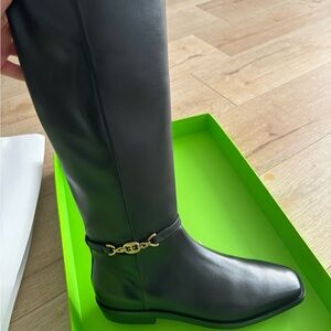 Black knee high boots faux leather with gold hardware flat heeled boots tall